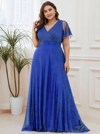 Plus Size Long Shimmery Pleated V-Neck Evening Dress with Flutter Sleeve #color_Sapphire Blue