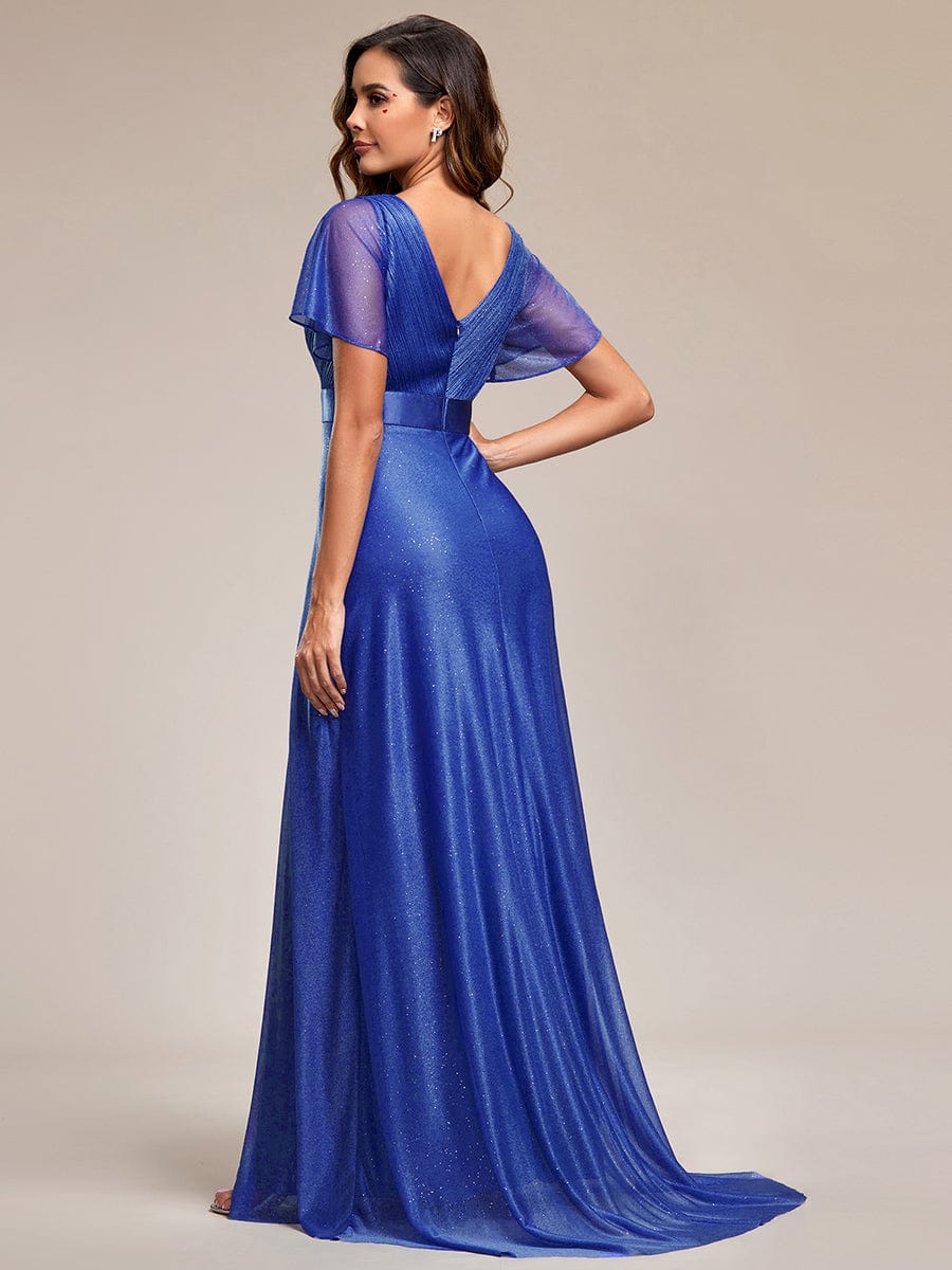 Long Shimmery Flutter Sleeve Pleated V-Neck Evening Dress #color_Sapphire Blue