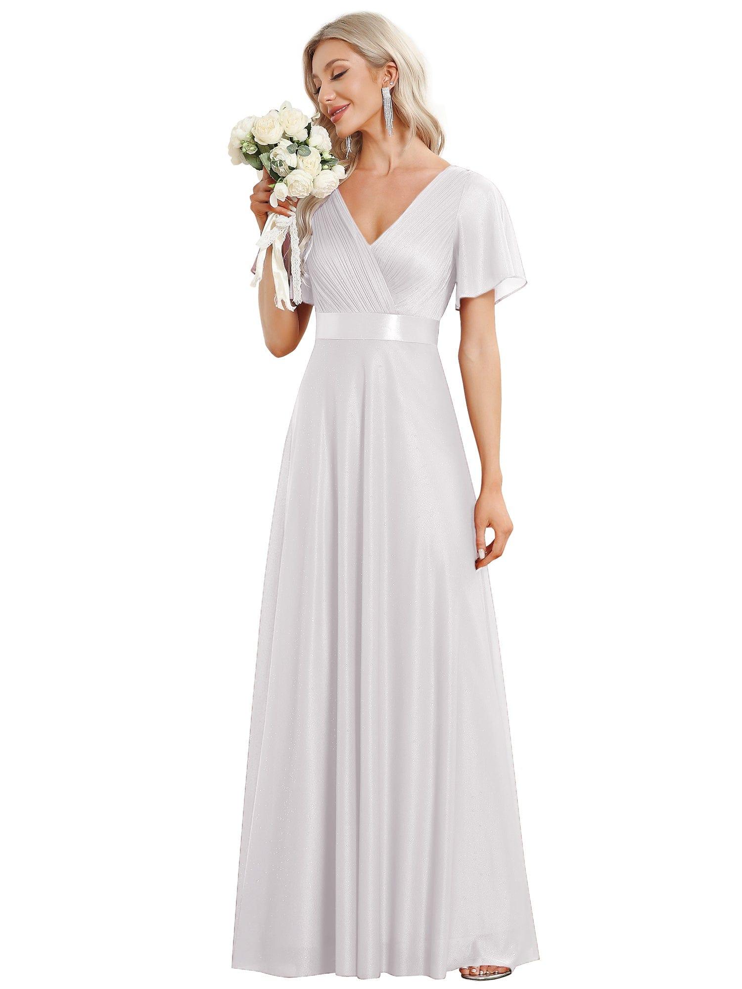 Long Shimmery Flutter Sleeve Pleated V-Neck Evening Dress #color_White