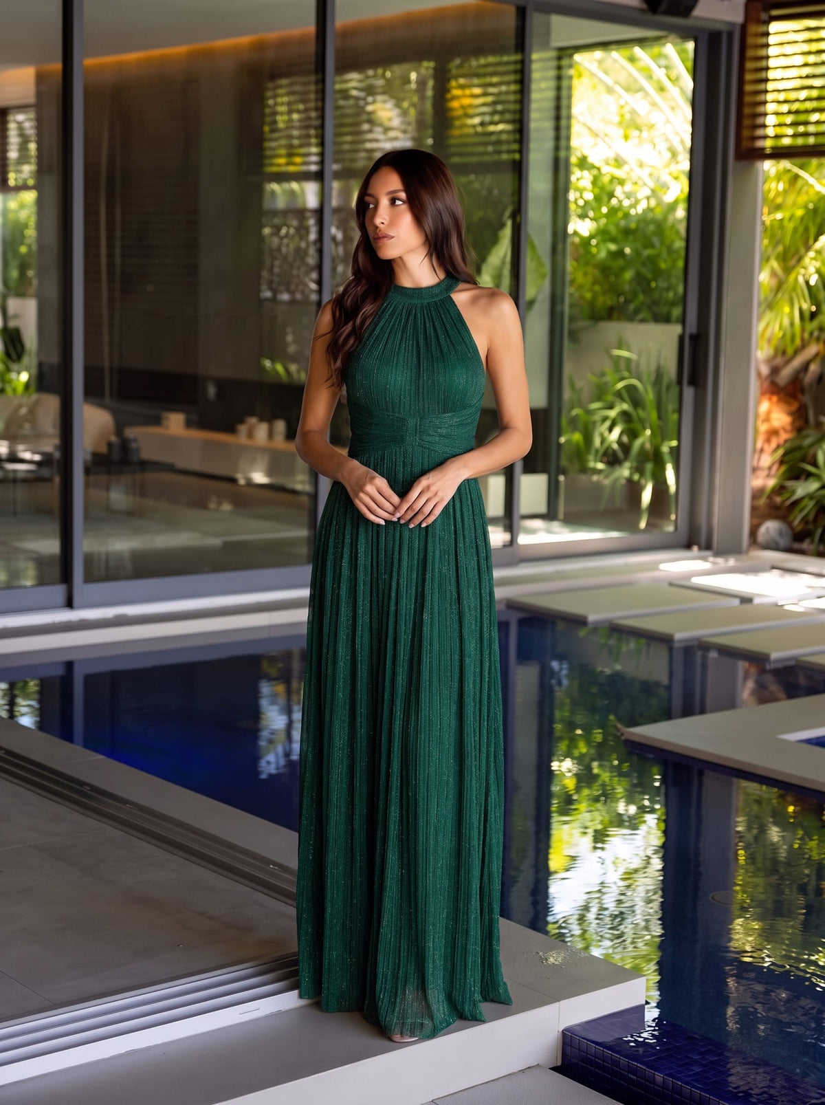 Sparkle Halter Neck Formal Evening Dress with A-line Silhouette #color_Dark Green