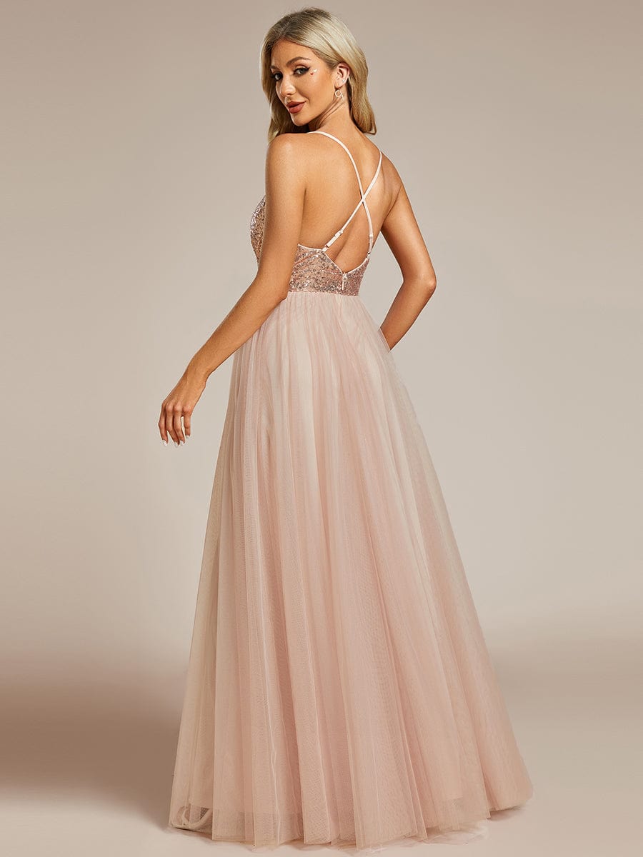 Sequined and Tulle V-Neck Backless Evening Dress with High Slit #color_Rose Gold