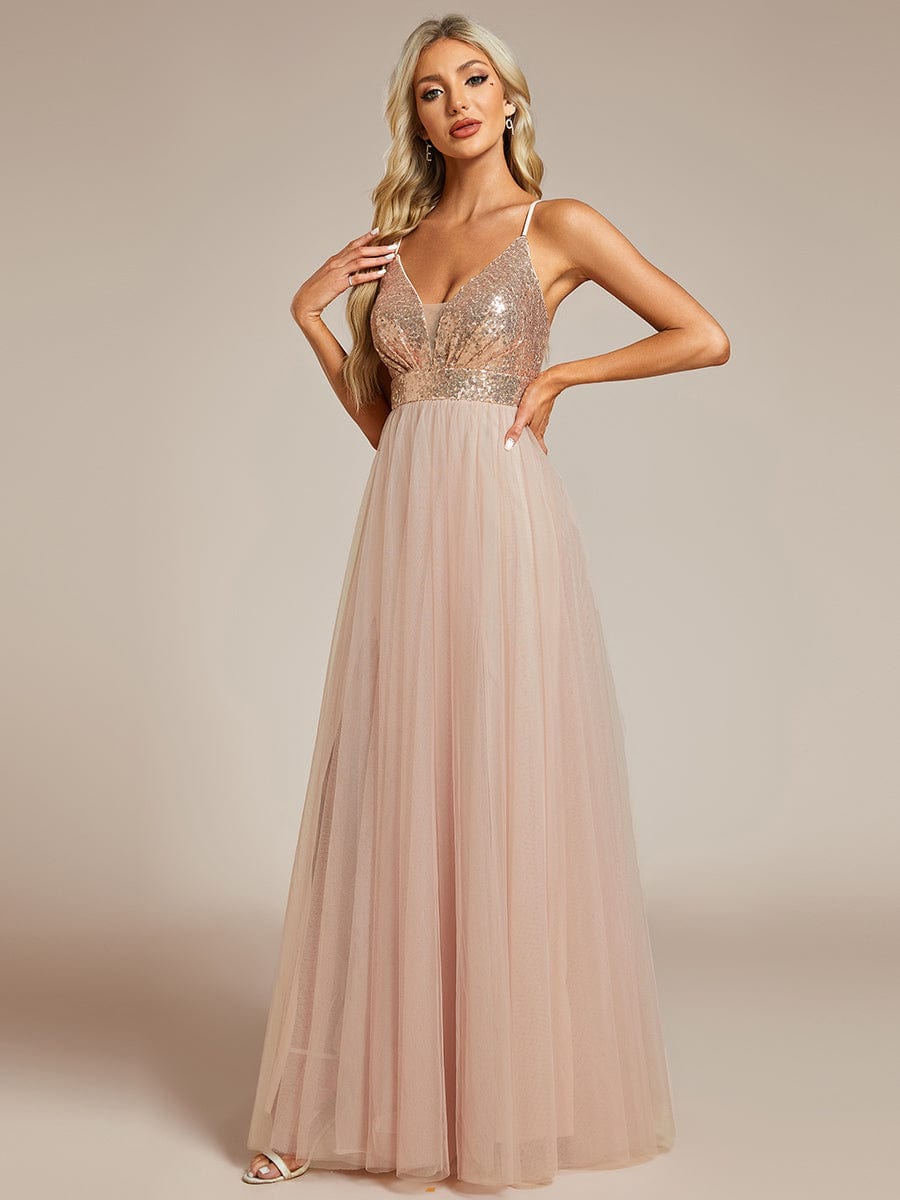 Sequined and Tulle V-Neck Backless Evening Dress with High Slit #color_Rose Gold