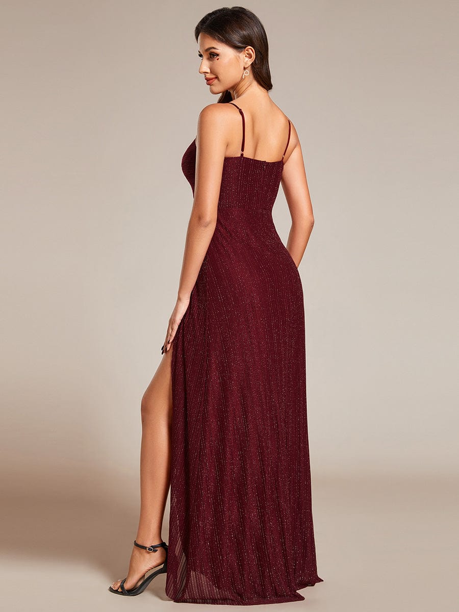 Sparkling High Slit Sleeveless V-Neck Evening Dress with Pleating #color_Burgundy