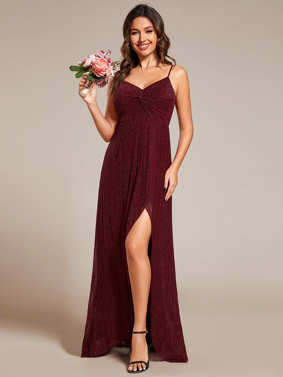 Sparkling High Slit Sleeveless V-Neck Evening Dress with Pleating #color_Burgundy