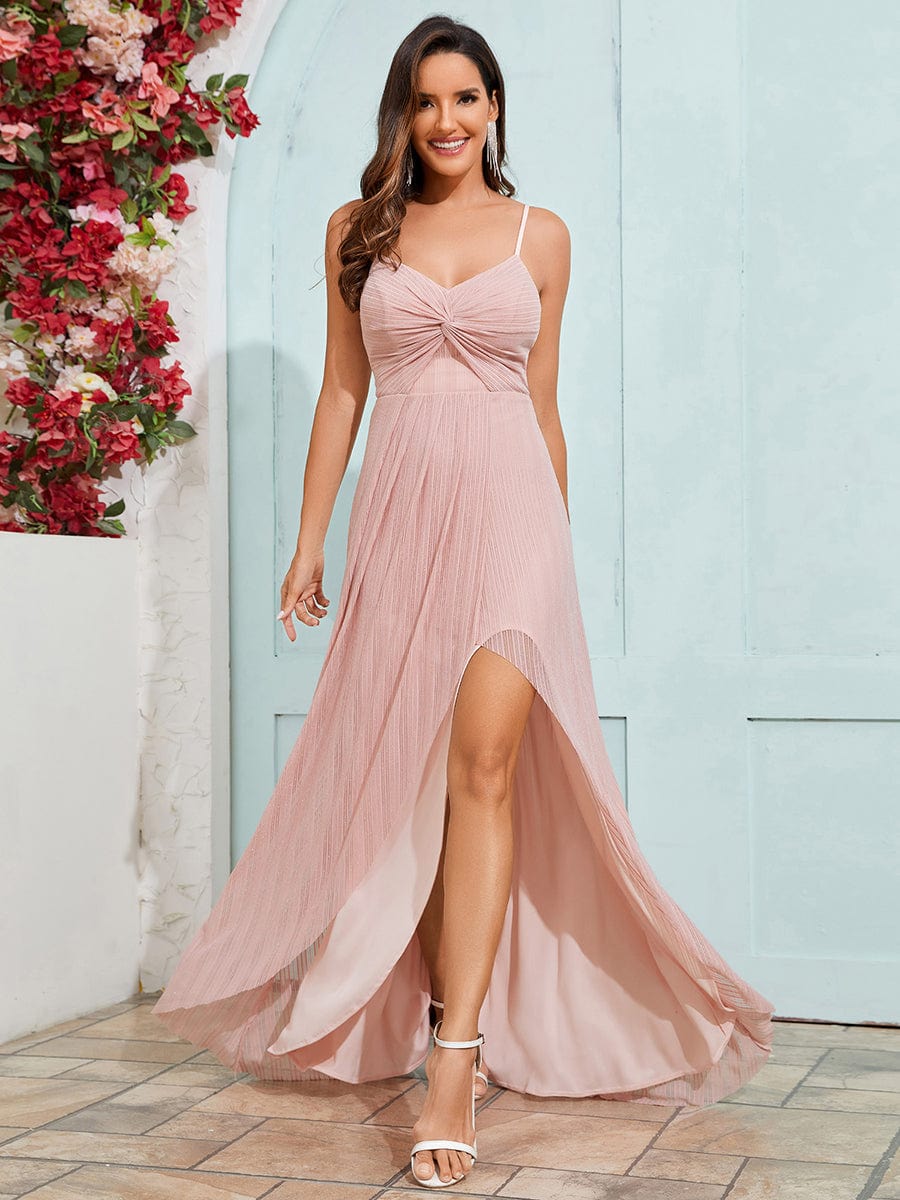 Sparkling High Slit Sleeveless V-Neck Evening Dress with Pleating #color_Pink