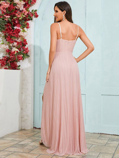 Sparkling High Slit Sleeveless V-Neck Evening Dress with Pleating #color_Pink