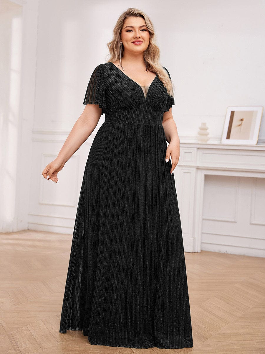 Glittery See-Through V-Neck Empire Waist Evening Dress with Short Sleeves #color_Black