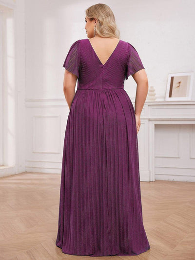 Glittery See-Through V-Neck Empire Waist Evening Dress with Short Sleeves #color_Purple Wisteria