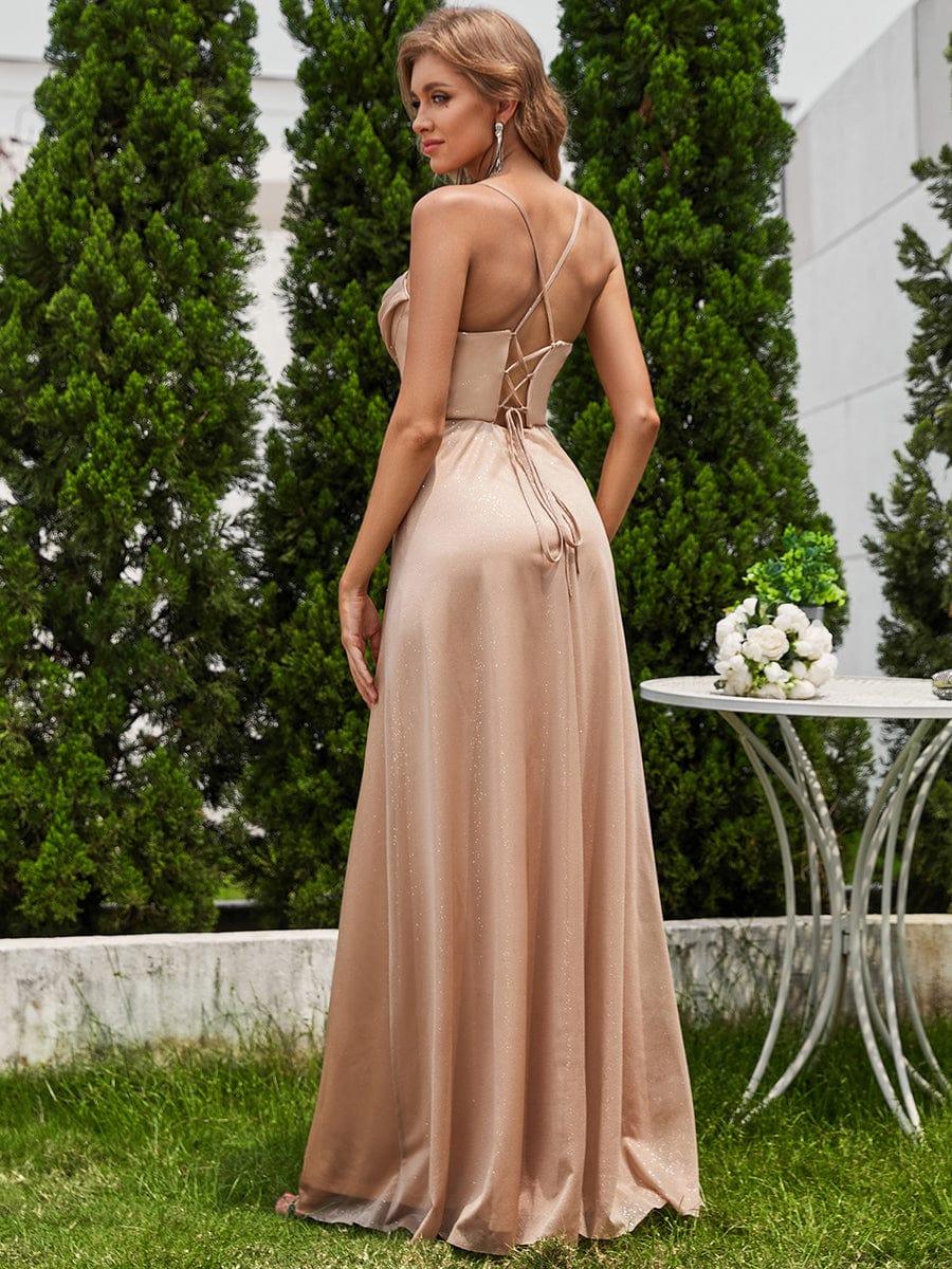 High Slit Cowl Neck Sequin Sleeveless Wedding Guest Dress #color_Rose Gold