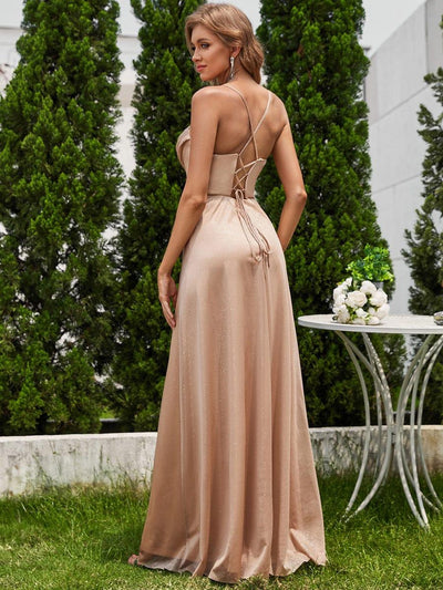 High Slit Cowl Neck Sequin Sleeveless Wedding Guest Dress #color_Rose Gold
