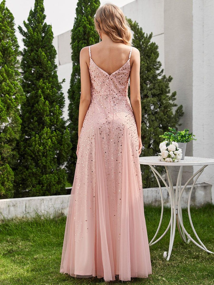 Sequined V-Neck Tulle Sleeveless Evening Dress with Empire Waist #color_Pink