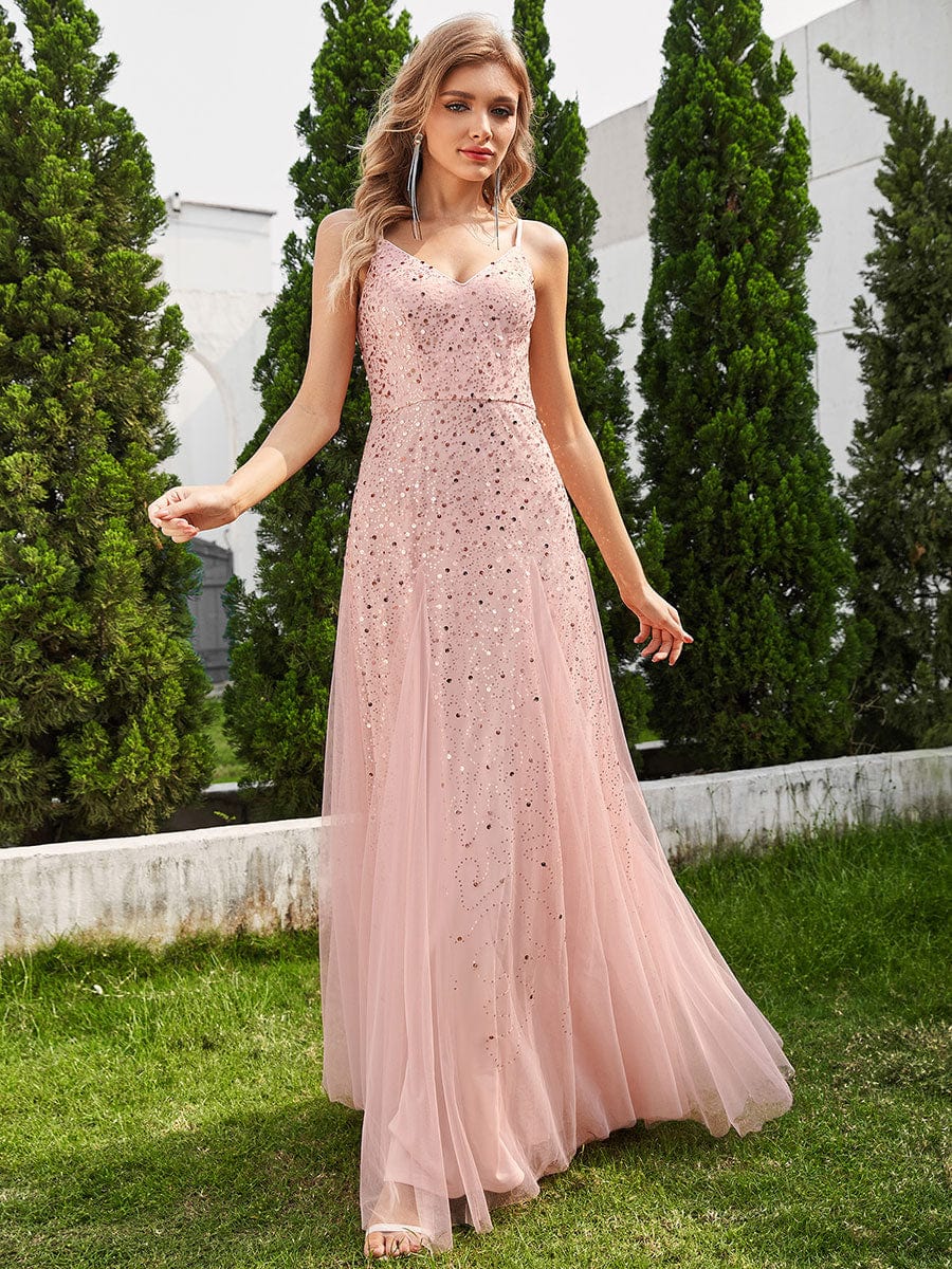 Sequined V-Neck Tulle Sleeveless Evening Dress with Empire Waist #color_Pink