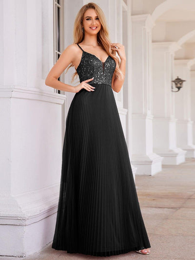 Sequined V-Neck Sleeveless Backless High-Waist Tulle Evening Dress #color_Black