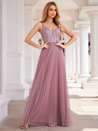Sequined V-Neck Sleeveless Backless High-Waist Tulle Evening Dress #color_Purple Orchid