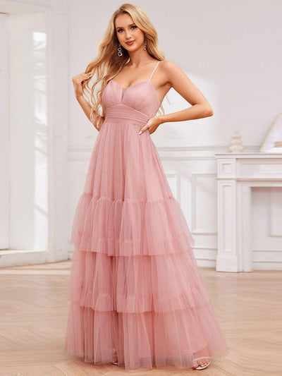 Spaghetti Strap Tulle Tiered Evening Maxi Dress with Pleats #color_Pink