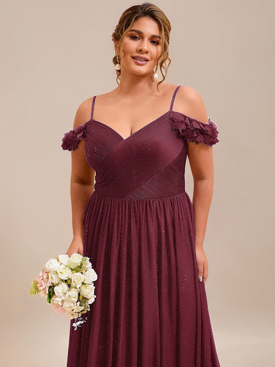 Stylish Cold-Shoulder Floor Length Bridesmaid Dress with Side Slit #color_Burgundy