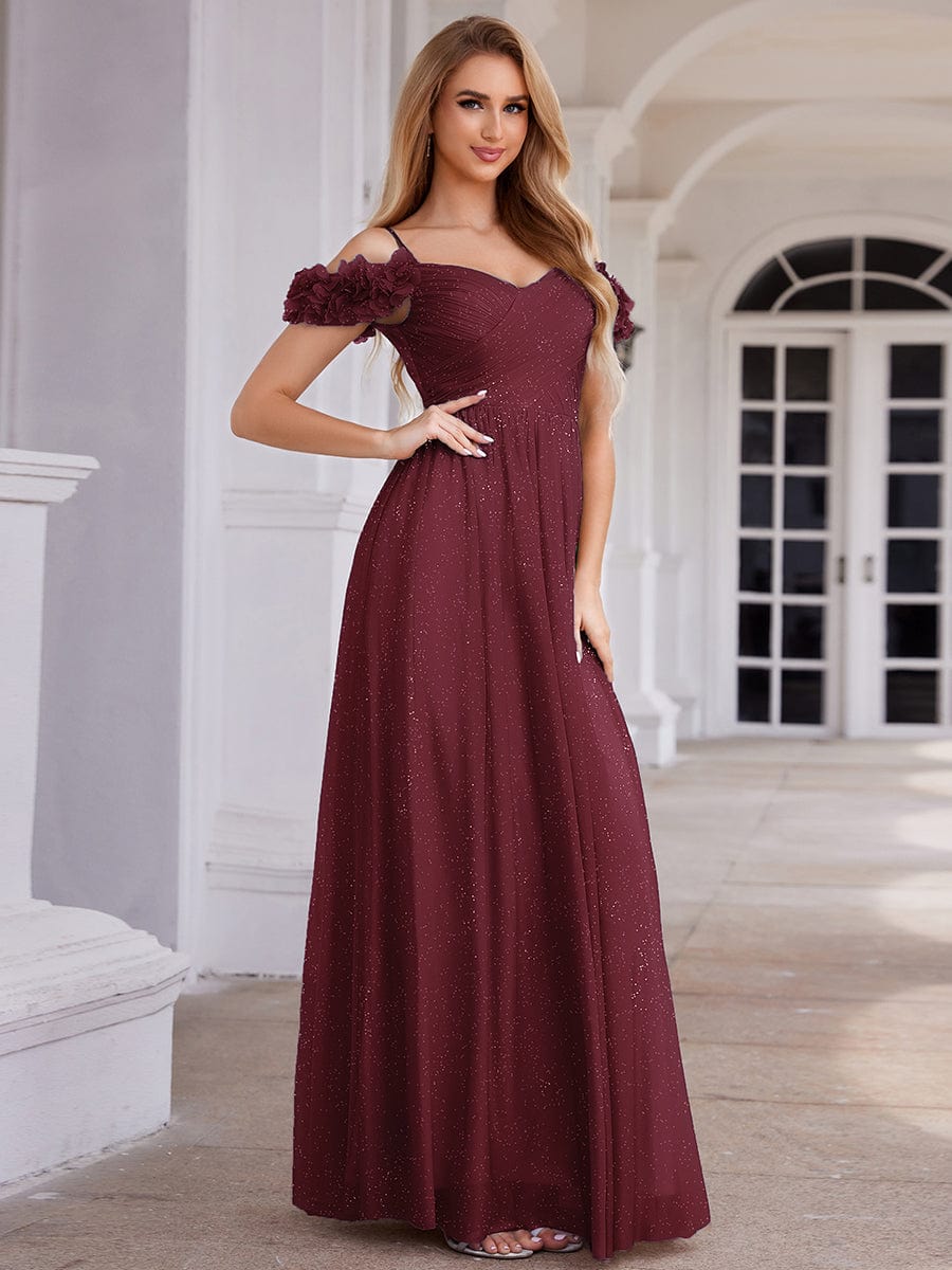 Stylish Cold-Shoulder Floor Length Bridesmaid Dress with Side Slit #color_Burgundy