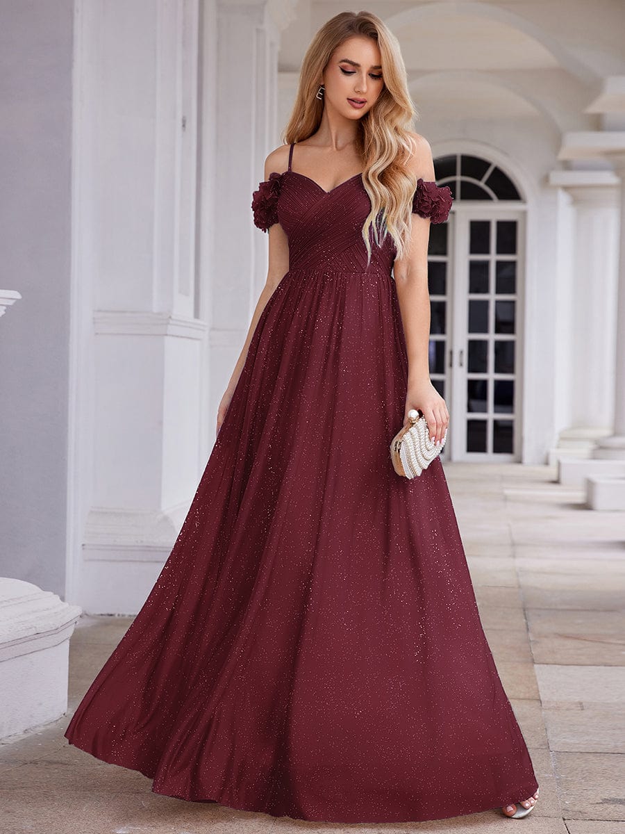 Stylish Cold-Shoulder Floor Length Bridesmaid Dress with Side Slit #color_Burgundy