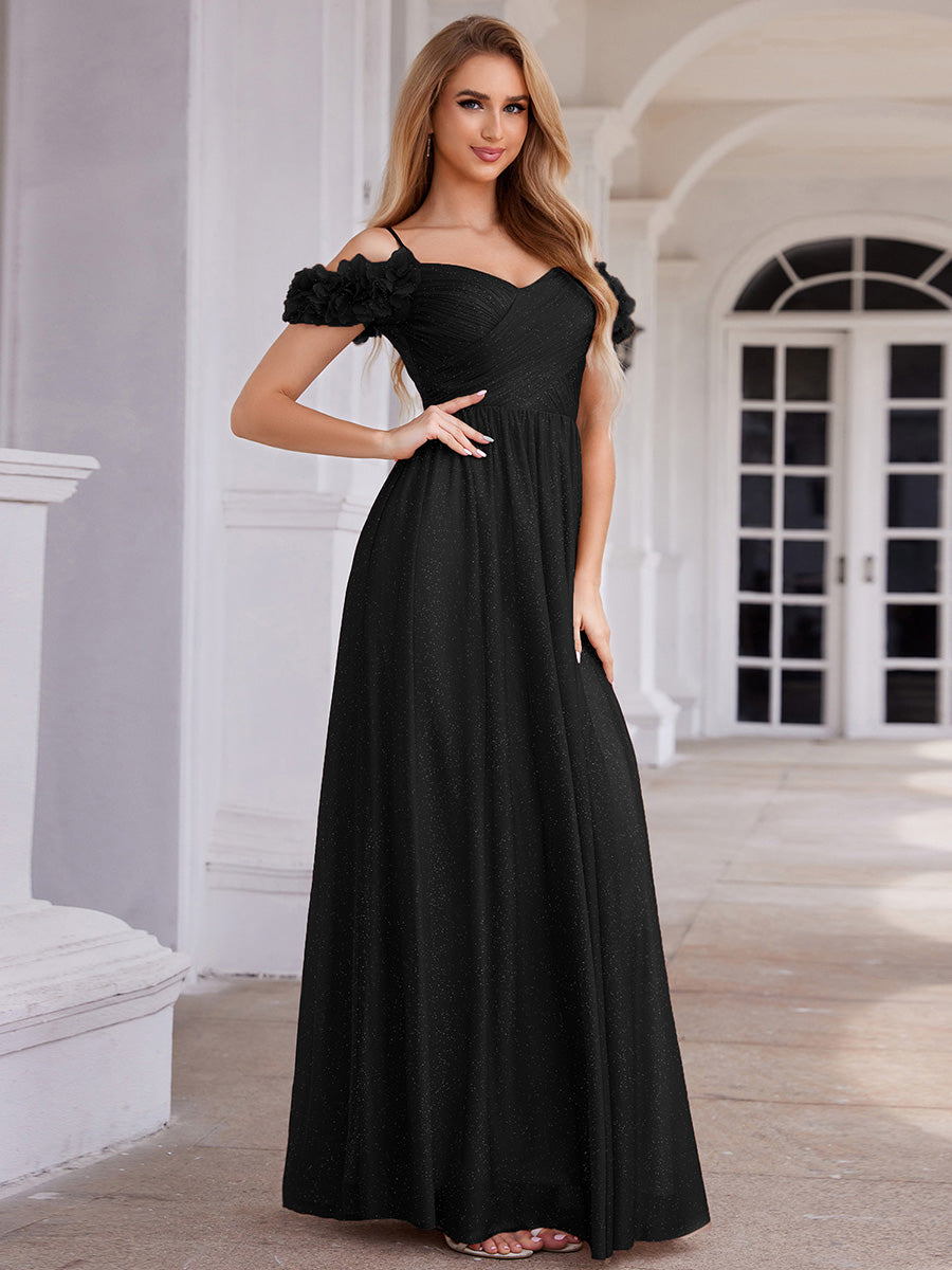 Sparkling V-Neck Cold-Shoulder Pleated Evening Dress with Floral Details #color_Black