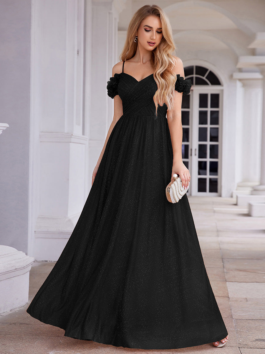 Sparkling V-Neck Cold-Shoulder Pleated Evening Dress with Floral Details #color_Black