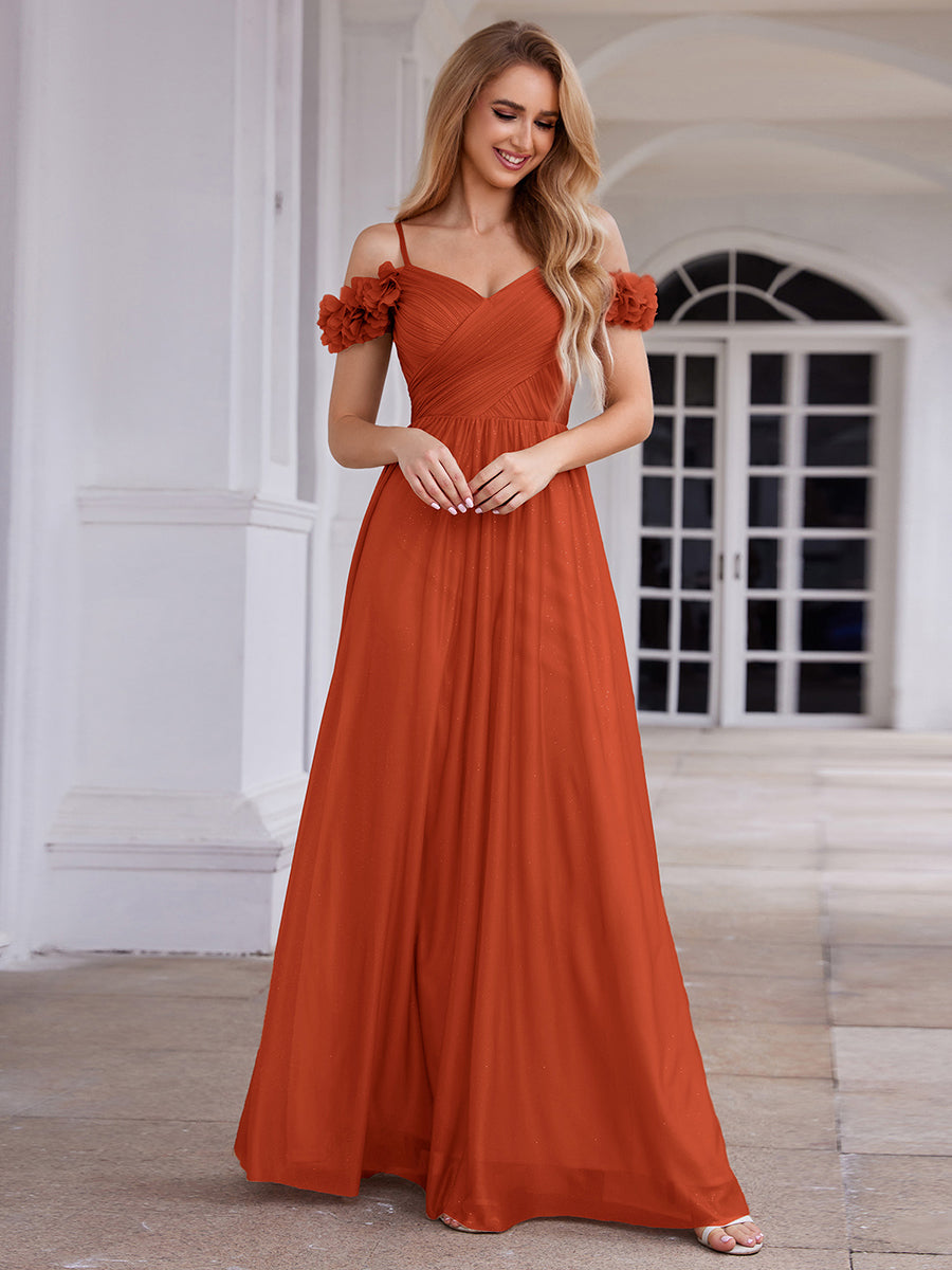 Sparkling V-Neck Cold-Shoulder Pleated Evening Dress with Floral Details #color_Burnt Orange
