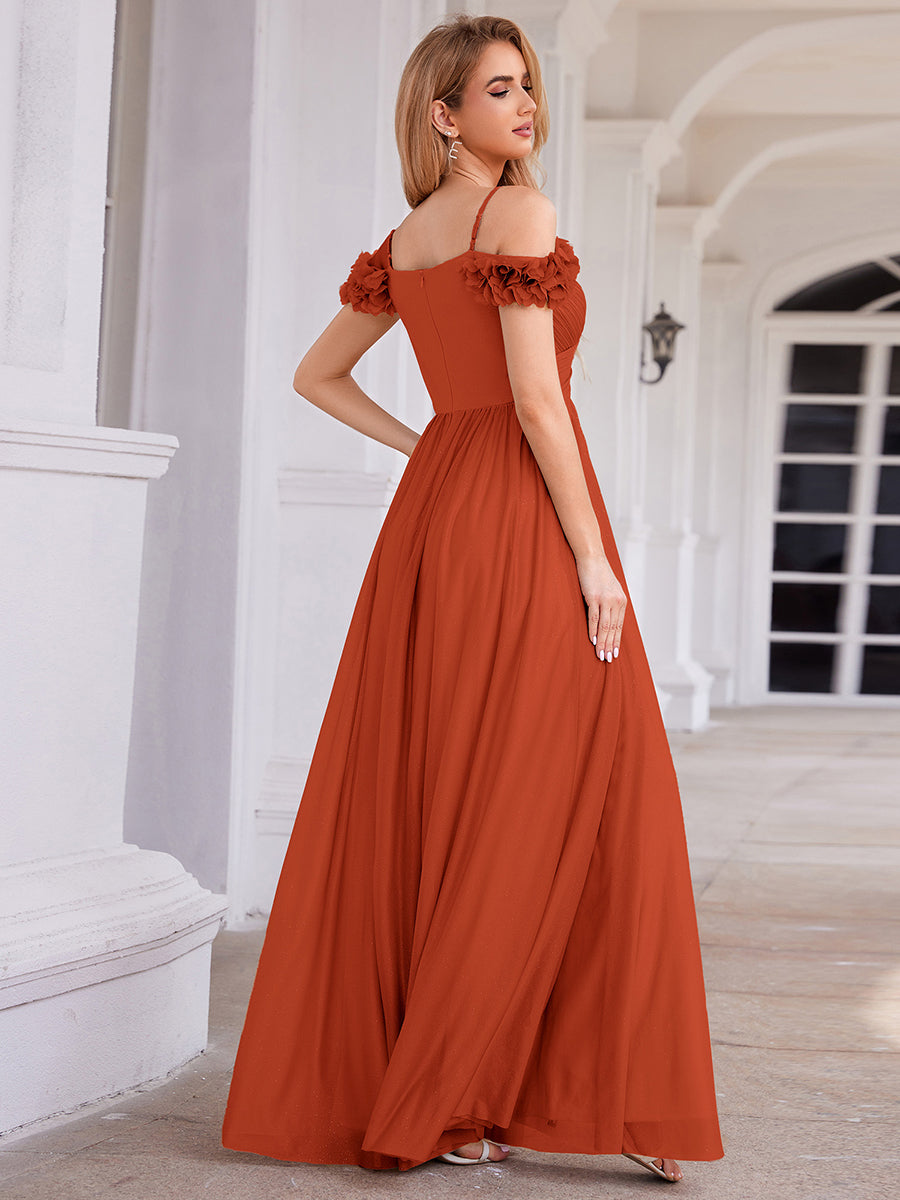 Sparkling V-Neck Cold-Shoulder Pleated Evening Dress with Floral Details #color_Burnt Orange