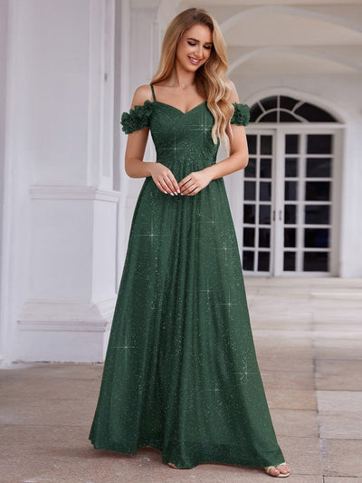 Stylish Cold-Shoulder Floor Length Bridesmaid Dress with Side Slit #color_Dark Green