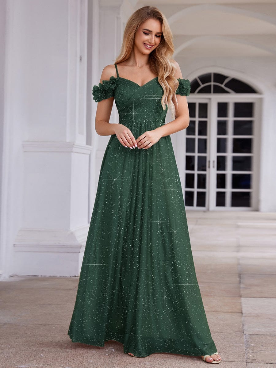 Stylish Cold-Shoulder Floor Length Bridesmaid Dress with Side Slit #color_Dark Green