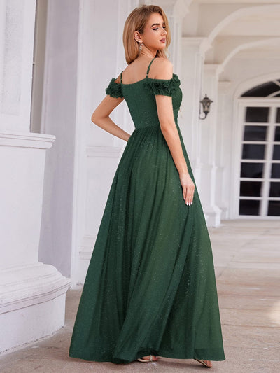 Stylish Cold-Shoulder Floor Length Bridesmaid Dress with Side Slit #color_Dark Green