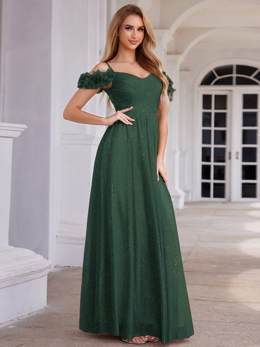 Stylish Cold-Shoulder Floor Length Bridesmaid Dress with Side Slit #color_Dark Green