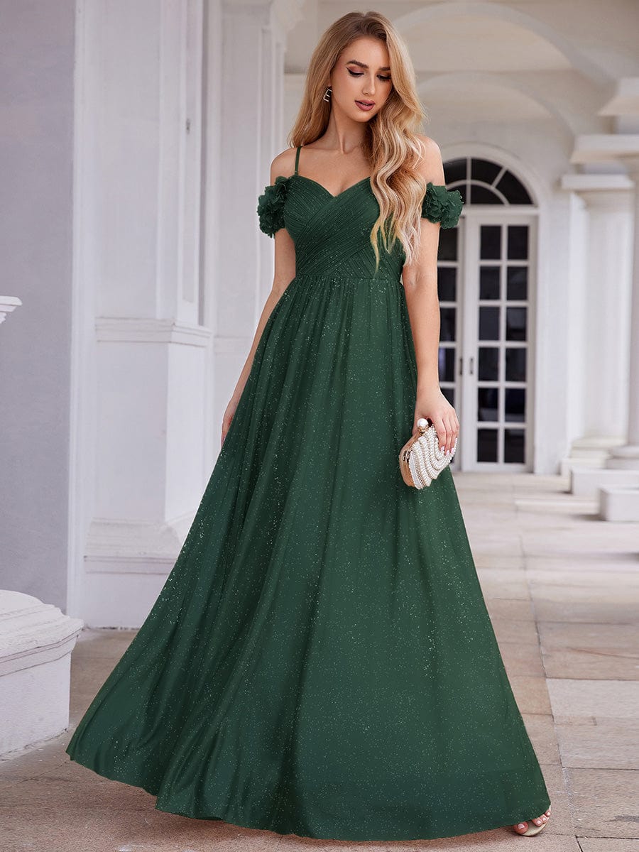 Stylish Cold-Shoulder Floor Length Bridesmaid Dress with Side Slit #color_Dark Green