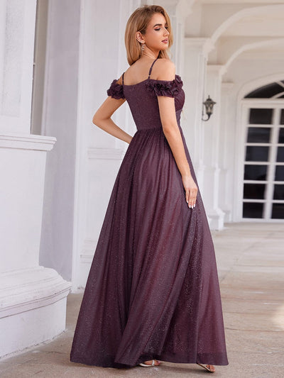 Stylish Cold-Shoulder Floor Length Bridesmaid Dress with Side Slit #color_Dark Purple