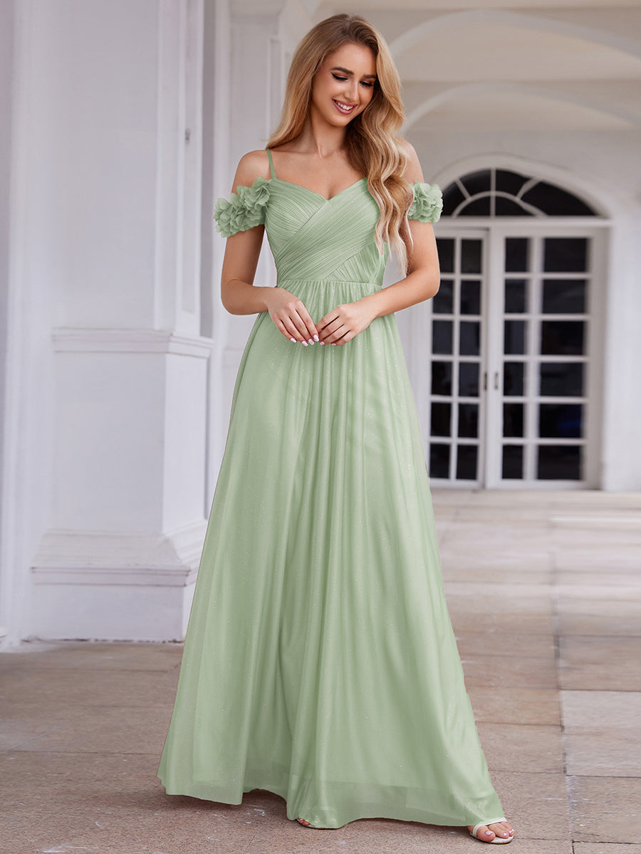 Sparkling V-Neck Cold-Shoulder Pleated Evening Dress with Floral Details #color_Mint Green