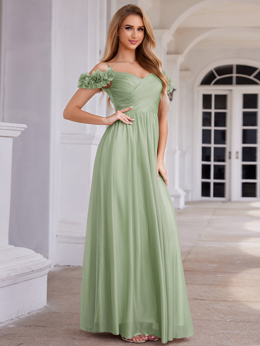 Sparkling V-Neck Cold-Shoulder Pleated Evening Dress with Floral Details #color_Mint Green