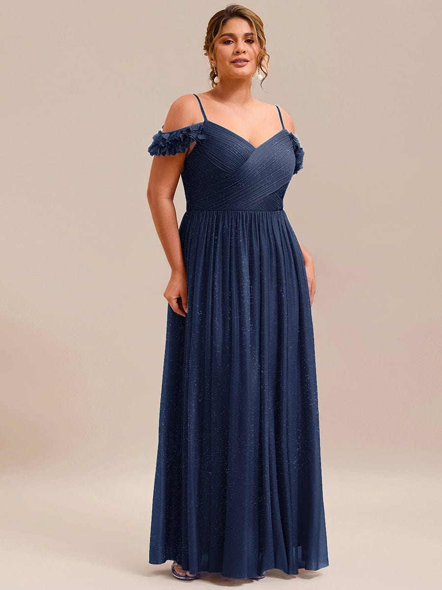 Stylish Cold-Shoulder Floor Length Bridesmaid Dress with Side Slit #color_Navy Blue
