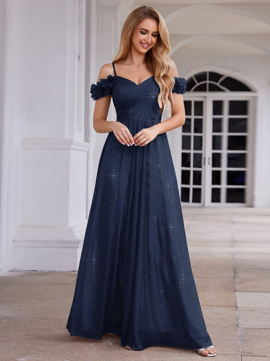 Stylish Cold-Shoulder Floor Length Bridesmaid Dress with Side Slit #color_Navy Blue
