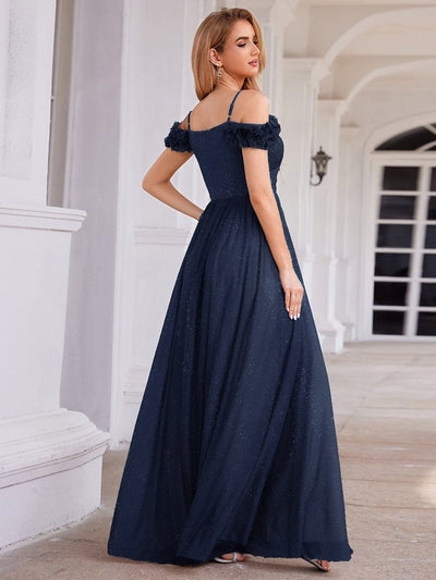 Stylish Cold-Shoulder Floor Length Bridesmaid Dress with Side Slit #color_Navy Blue