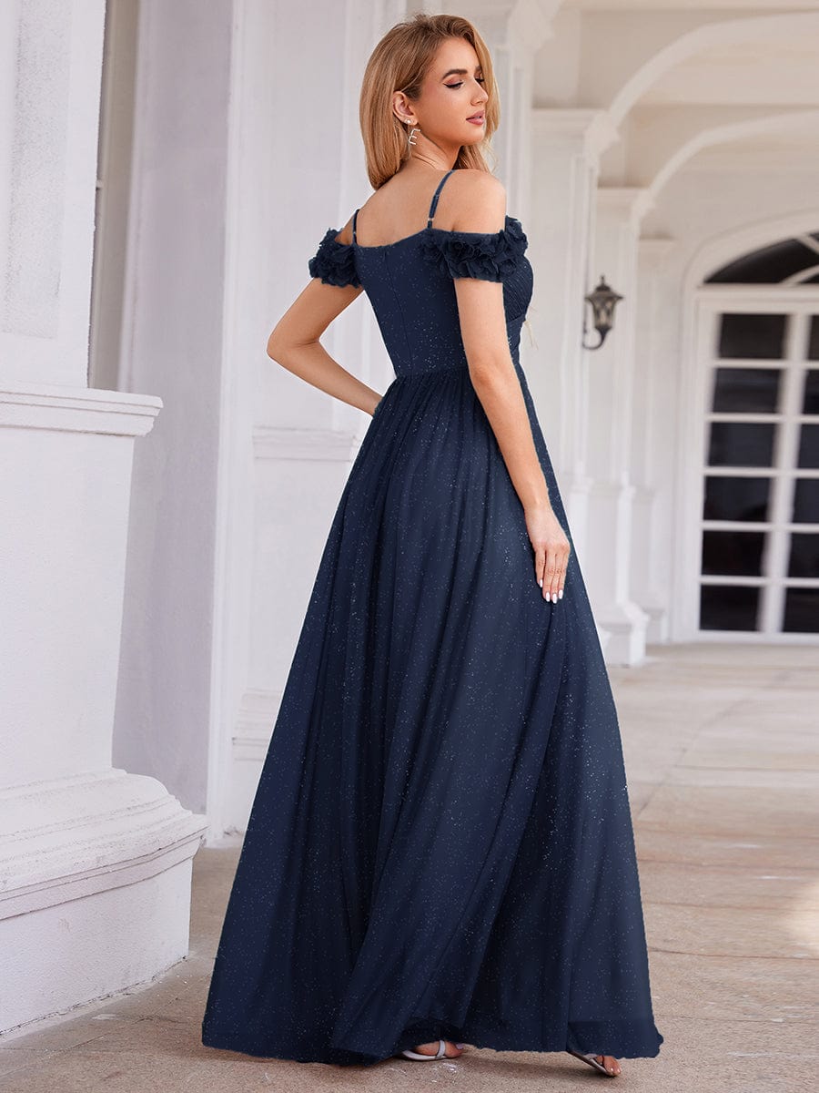 Stylish Cold-Shoulder Floor Length Bridesmaid Dress with Side Slit #color_Navy Blue