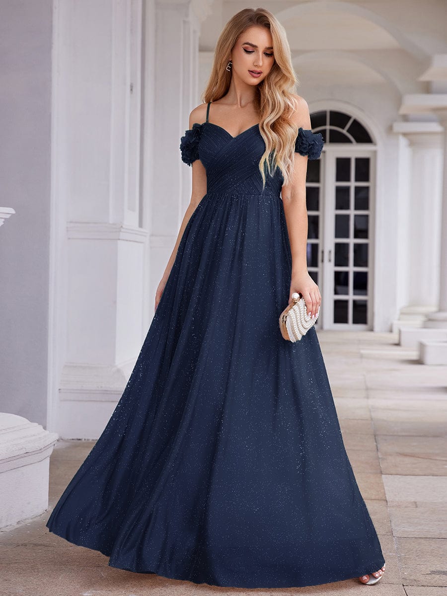 Stylish Cold-Shoulder Floor Length Bridesmaid Dress with Side Slit #color_Navy Blue
