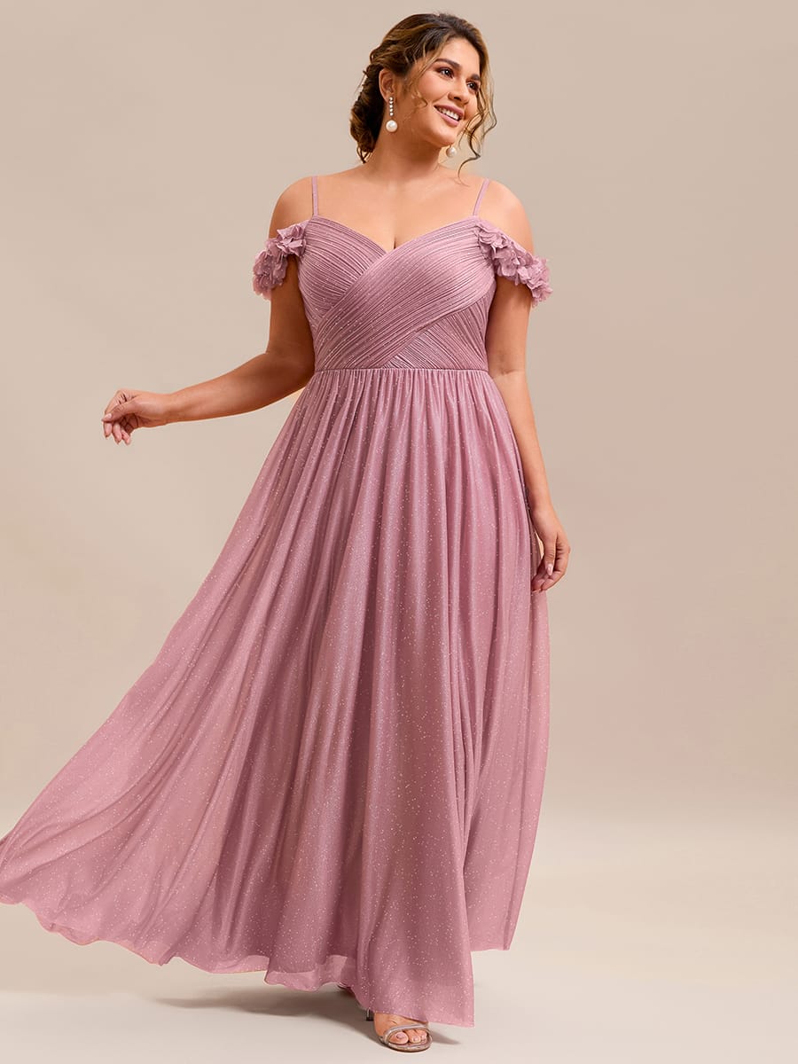 Sparkling V-Neck Cold-Shoulder Pleated Evening Dress with Floral Details #color_Purple Orchid