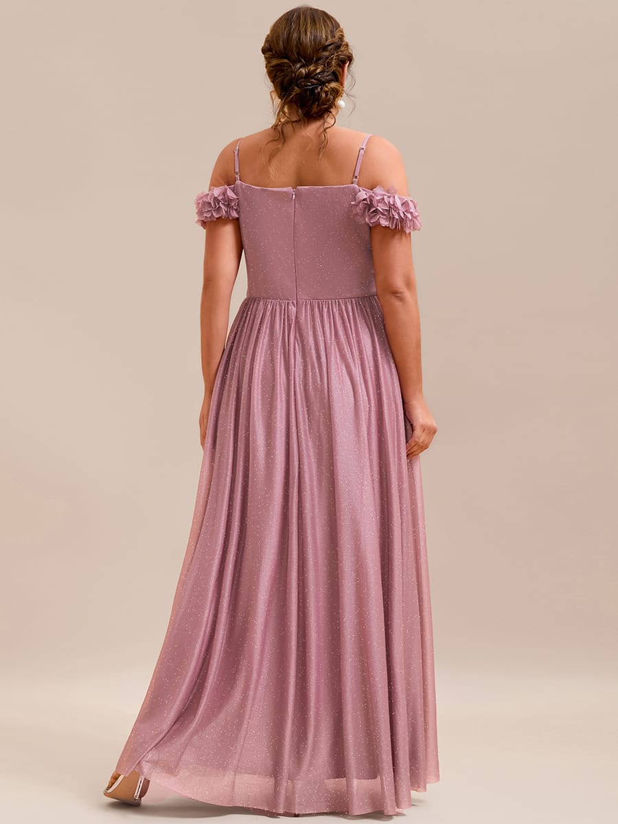 Sparkling V-Neck Cold-Shoulder Pleated Evening Dress with Floral Details #color_Purple Orchid