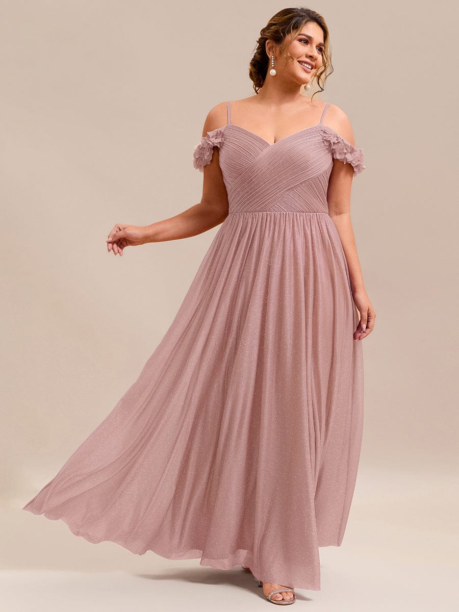 Sparkling V-Neck Cold-Shoulder Pleated Evening Dress with Floral Details #color_Pink