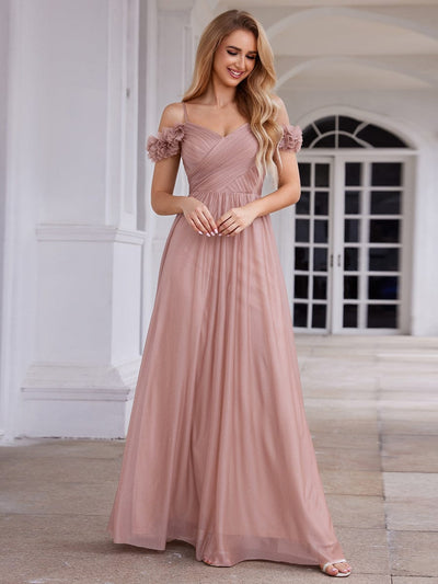 Sparkling V-Neck Cold-Shoulder Pleated Evening Dress with Floral Details #color_Pink