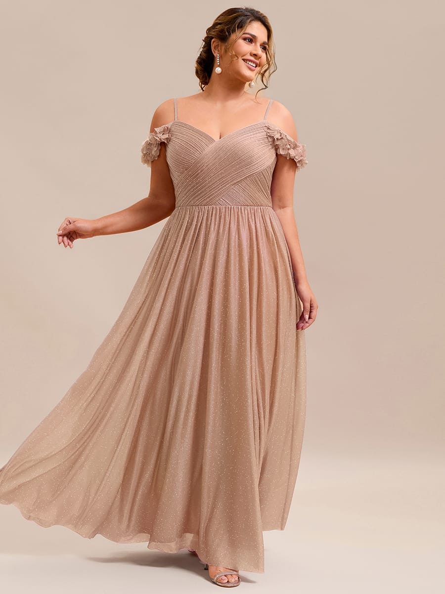 Sparkling V-Neck Cold-Shoulder Pleated Evening Dress with Floral Details #color_Rose Gold
