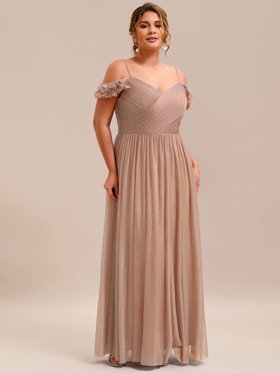 Sparkling V-Neck Cold-Shoulder Pleated Evening Dress with Floral Details #color_Rose Gold