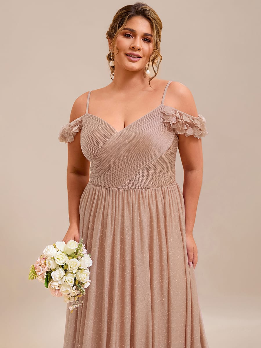 Sparkling V-Neck Cold-Shoulder Pleated Evening Dress with Floral Details #color_Rose Gold