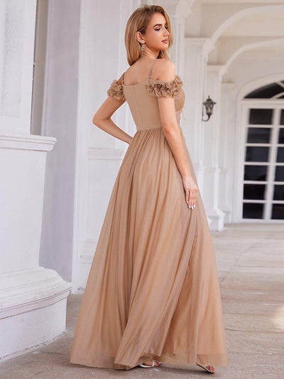 Sparkling V-Neck Cold-Shoulder Pleated Evening Dress with Floral Details #color_Rose Gold