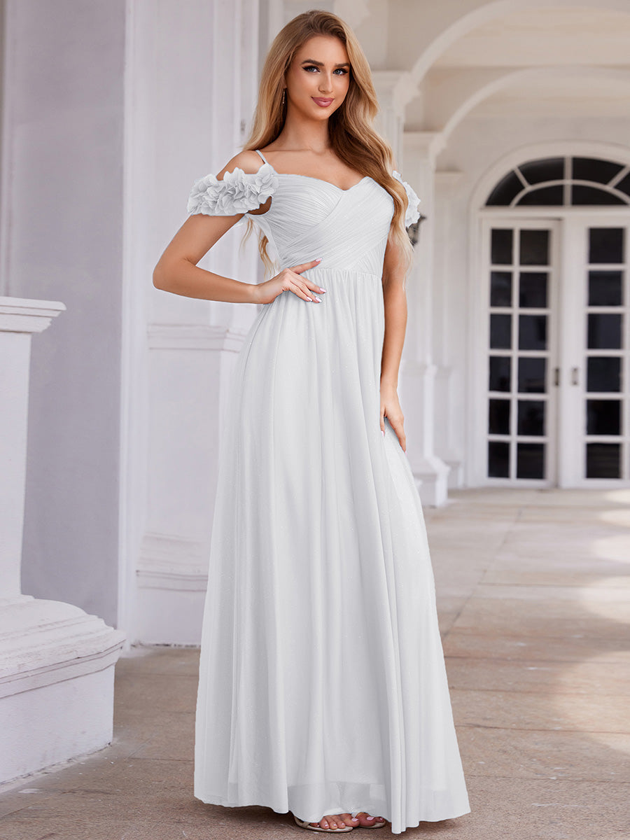 Sparkling V-Neck Cold-Shoulder Pleated Evening Dress with Floral Details #color_White