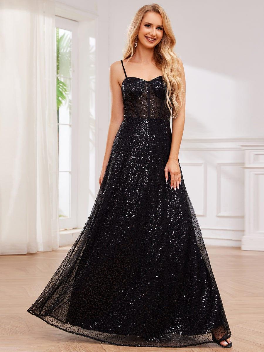 Spaghetti Strap Corset Sequin Evening Maxi Dress | A-line - Ever-Pretty UK