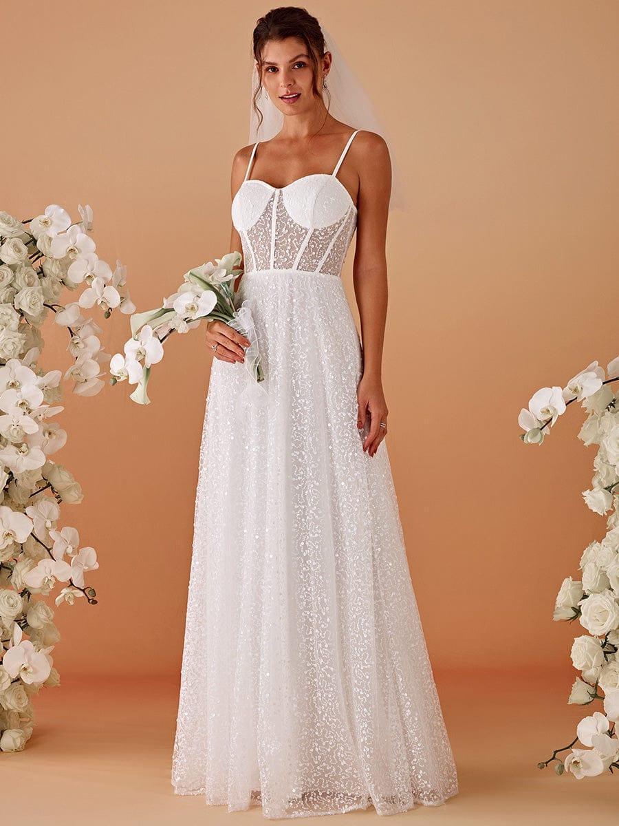 Spaghetti Strap Corset Sequin Wedding Dress | A-line